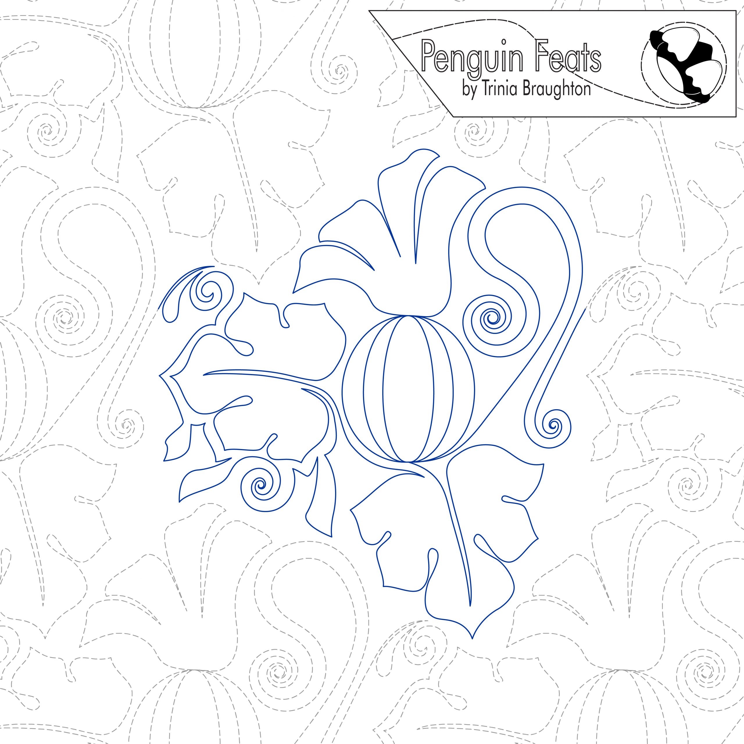 Continuous line illustration of pumpkin and leaves with 'Penguin Feats' branding
