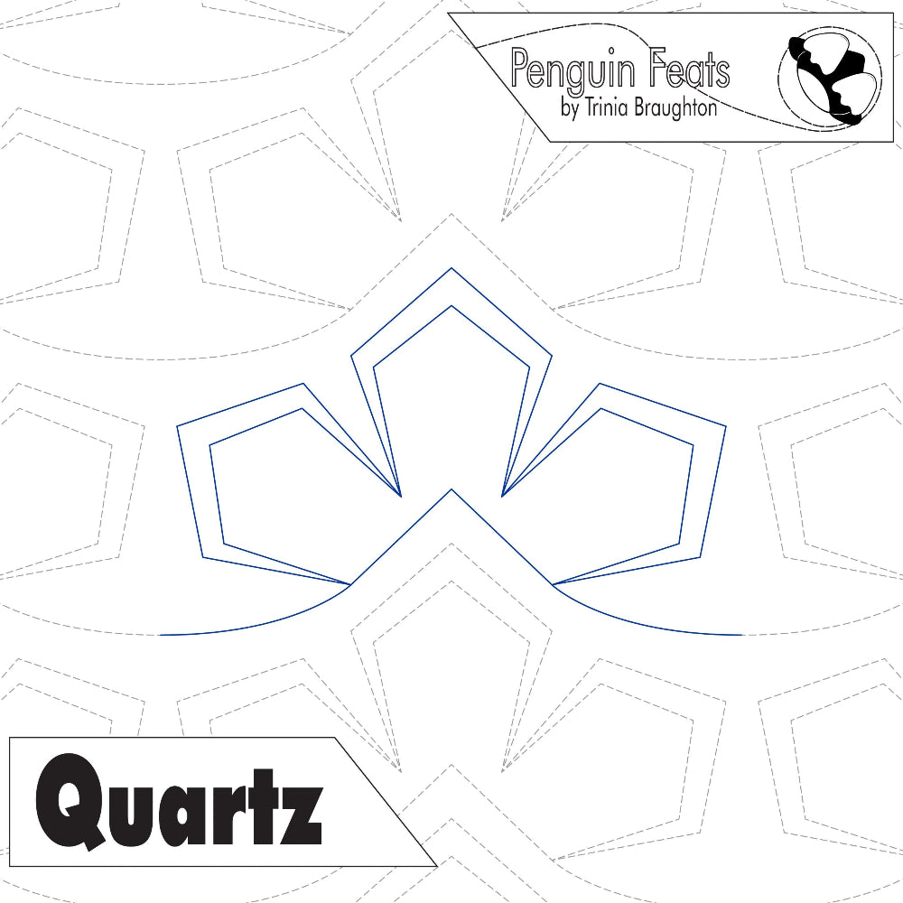 Quilting design with geometric shapes and 'Penguin Feats' branding on a white background