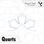 Quilting design with geometric shapes and 'Penguin Feats' branding on a white background
