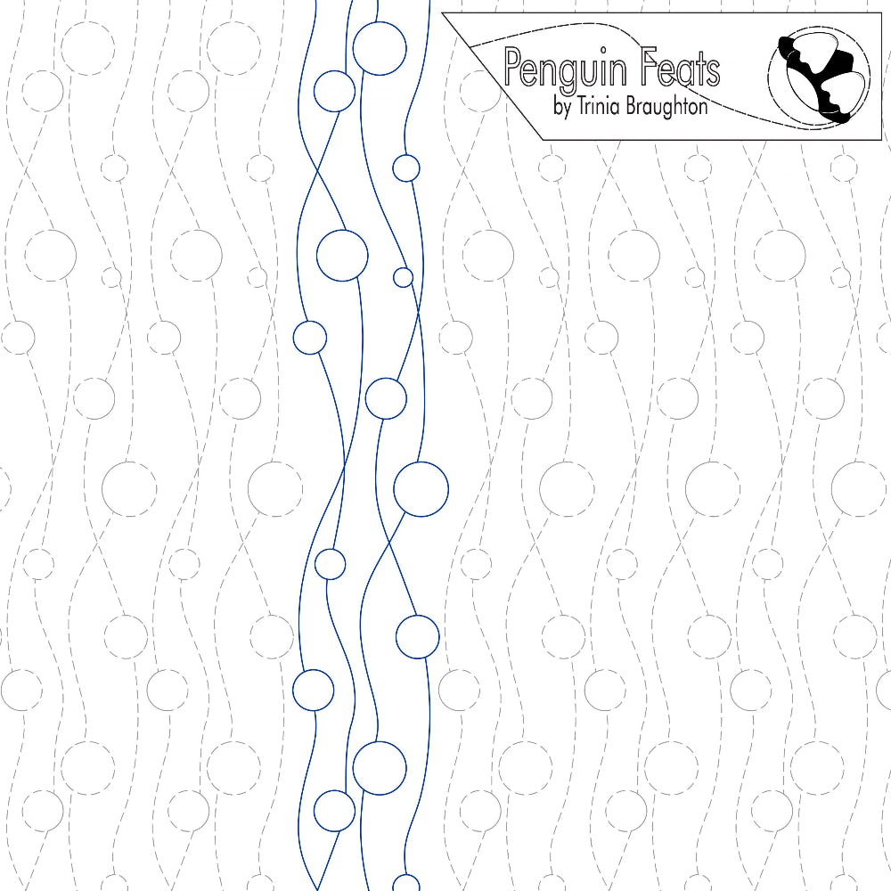 Continuous line design in blue with repeating design of wavy lines and circles in background  with 'Penguin Feats' by Triniaa Braughton in the corner.