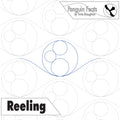Quilting design with concentric circles and 'Penguin Feats' branding