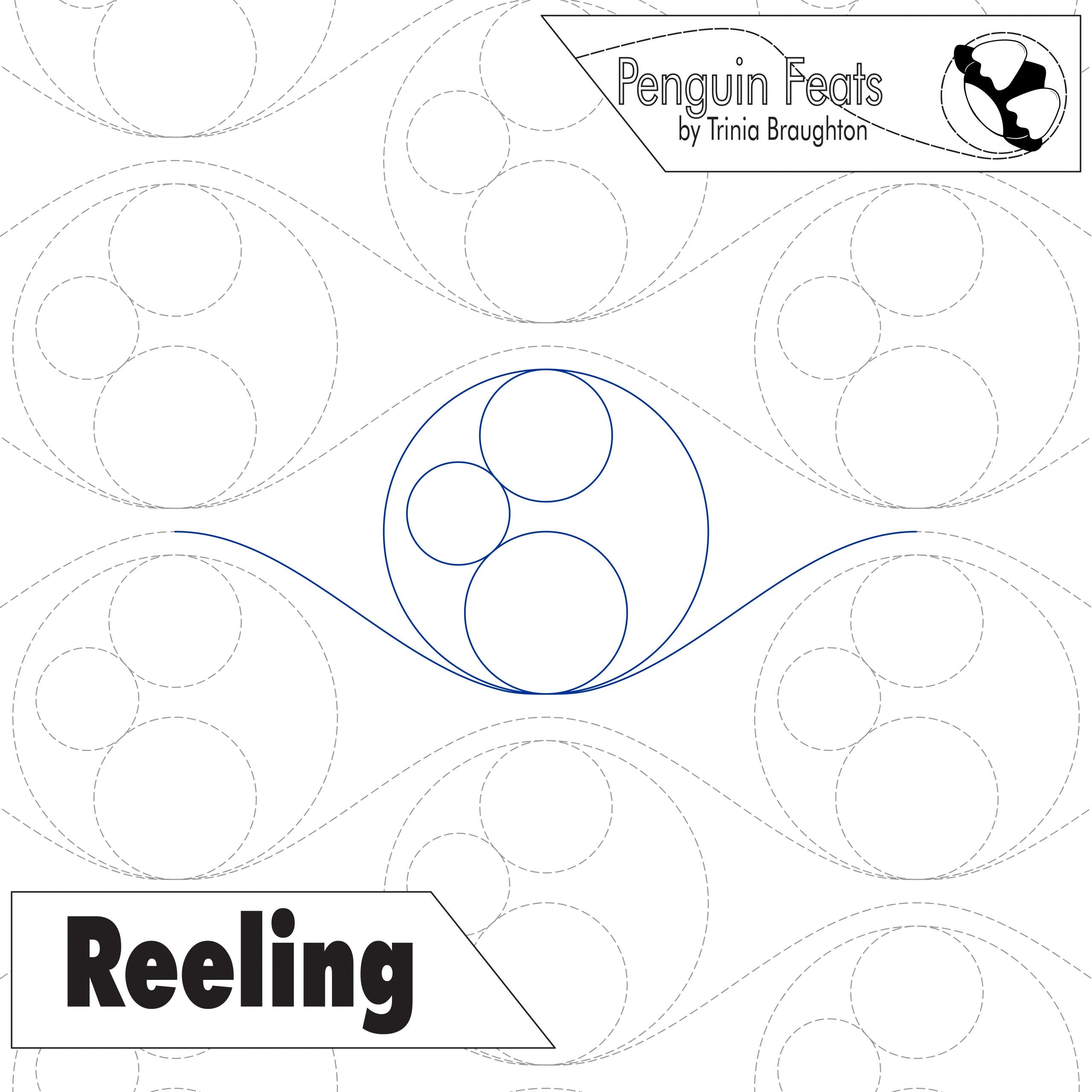 Quilting design with concentric circles and 'Penguin Feats' branding