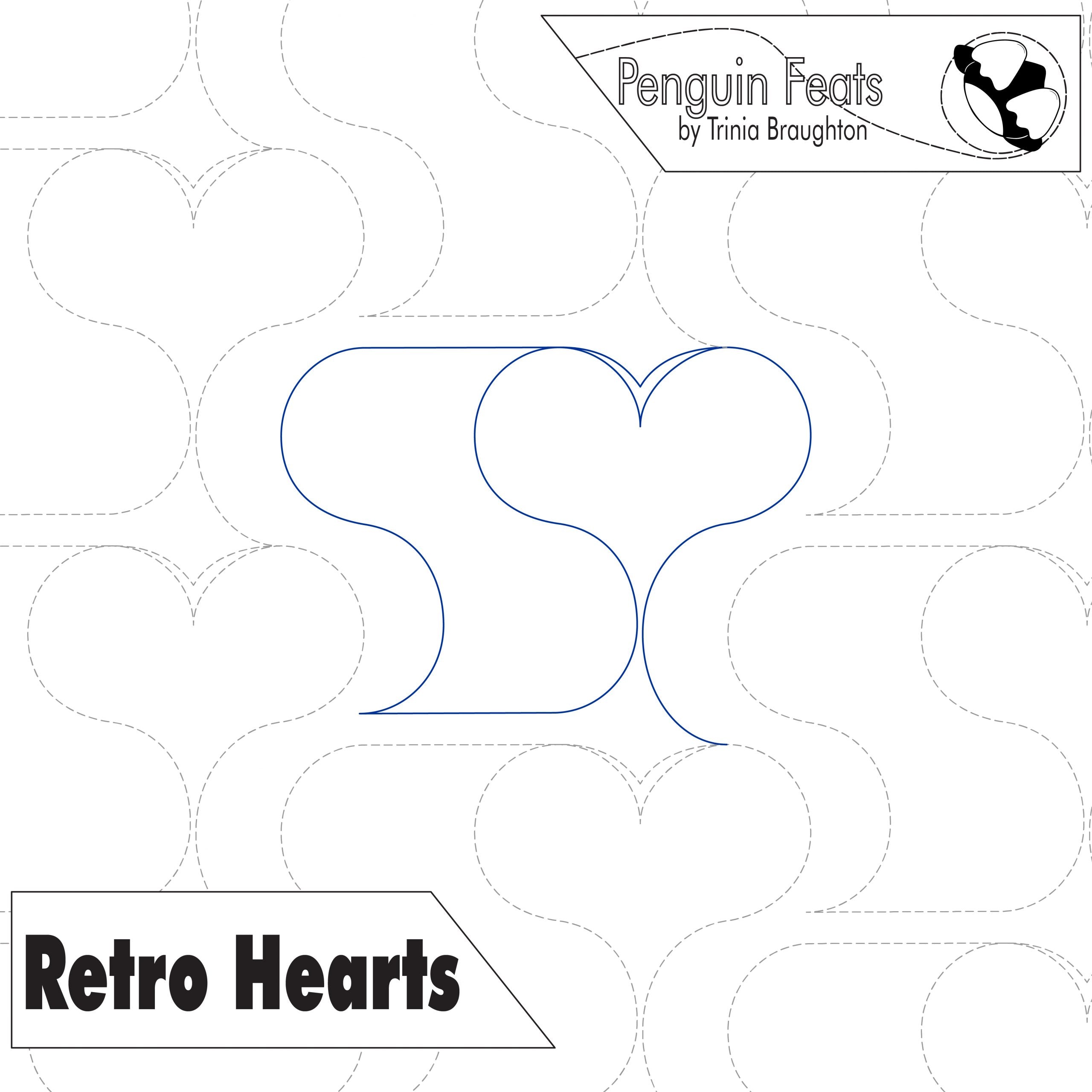 Design template for retro hearts with 'Penguin Feats' branding at the top.