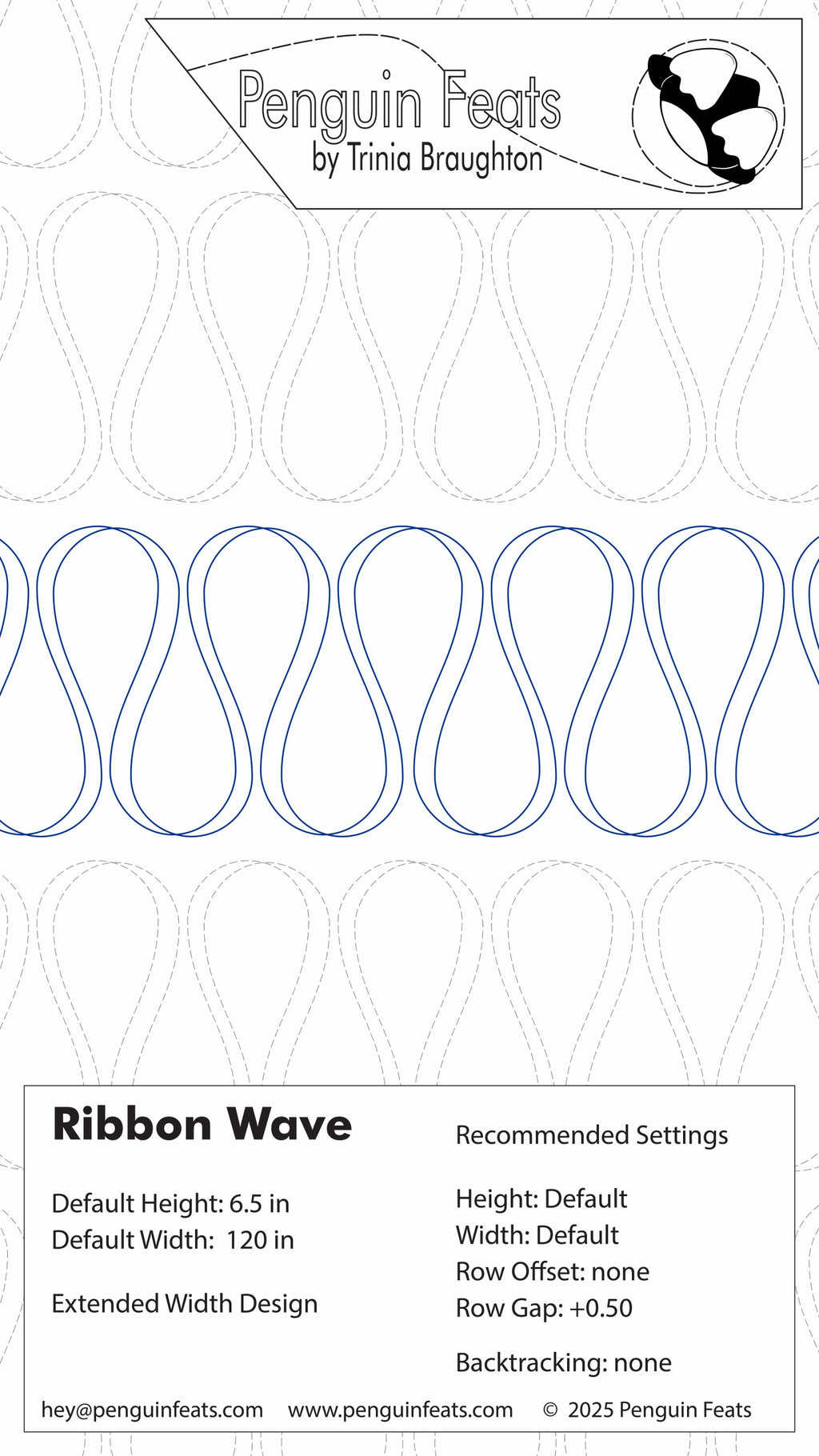 Design sheet for 'Ribbon Wave' pattern by Trinia Braughton with recommended settings.
