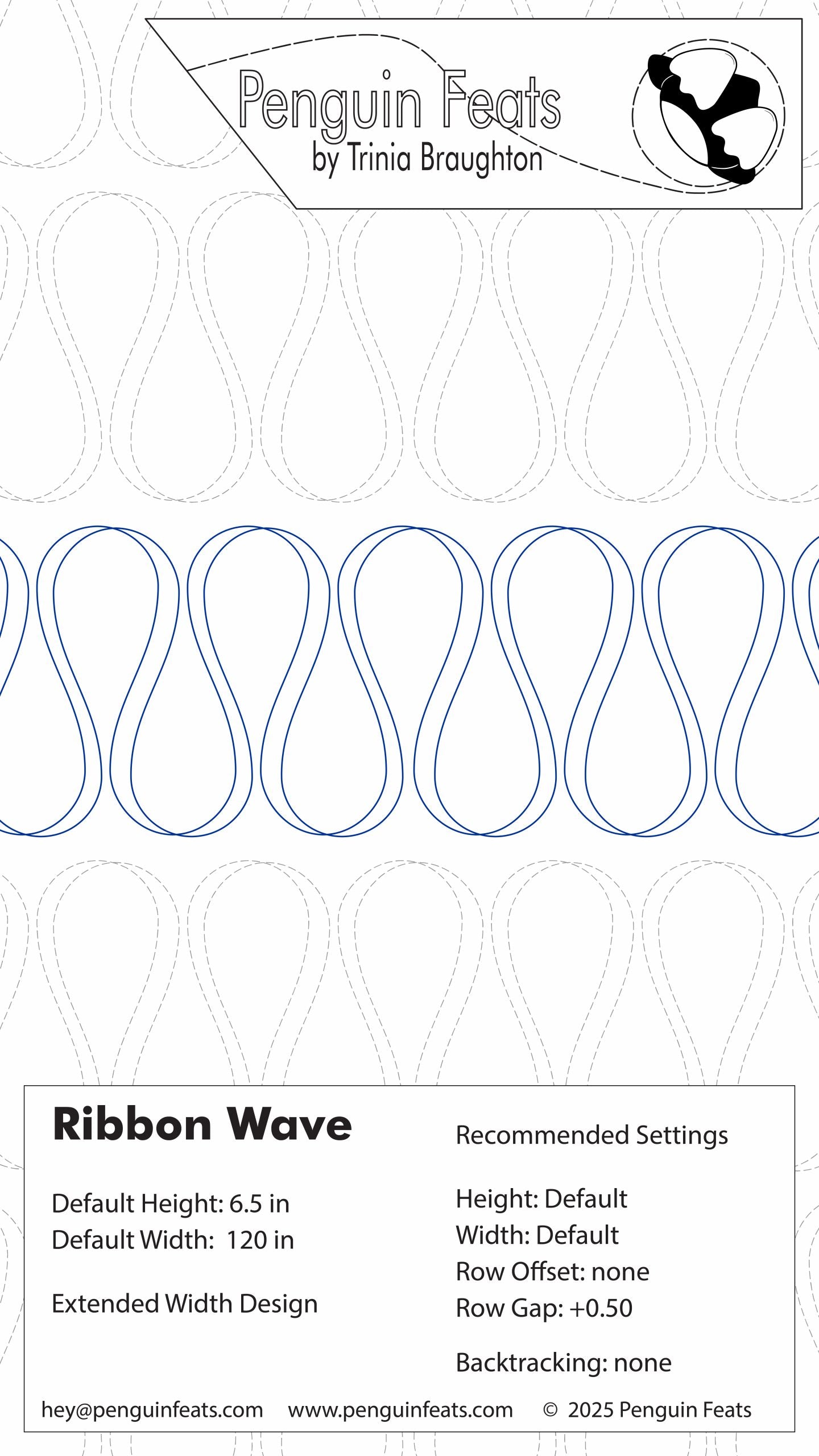Design sheet for 'Ribbon Wave' pattern by Trinia Braughton with recommended settings.