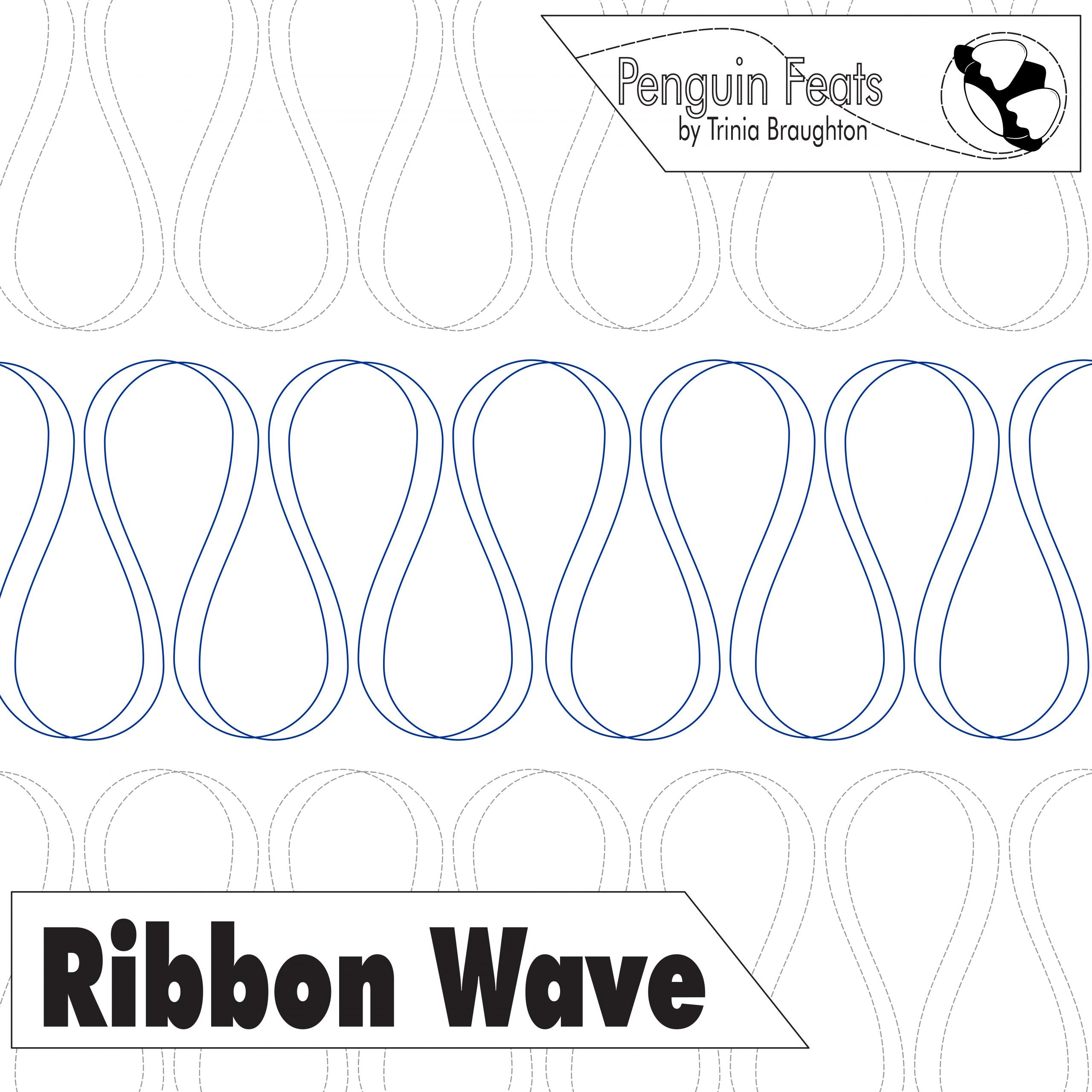 Design pattern with ribbon wave shapes and 'Penguin Feats' branding.
