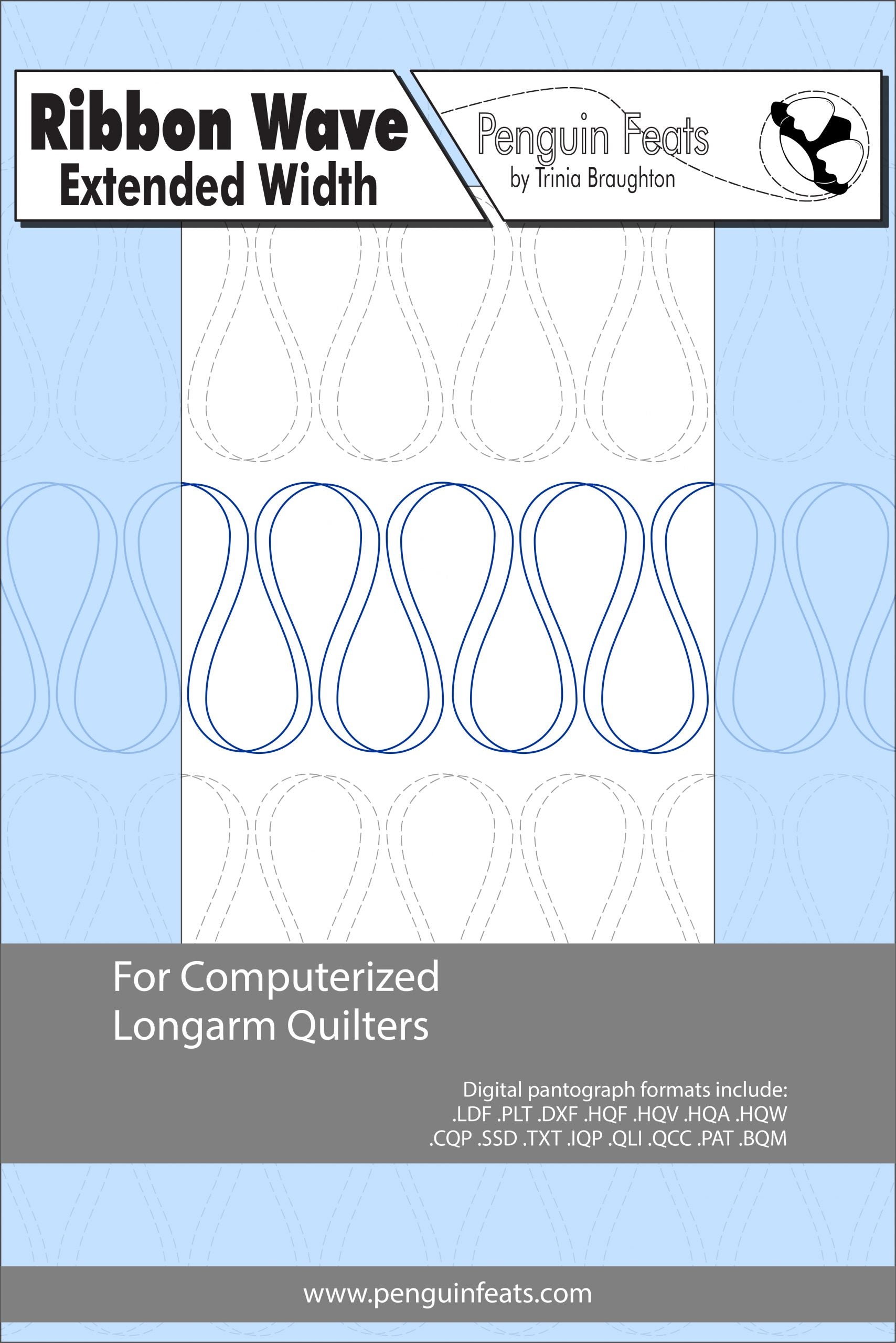 Pattern for computerized longarm quilters with ribbon wave design on a blue background