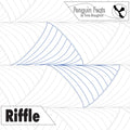 Quilt block design with 'Penguin Feats' and 'Riffle' text, featuring a whale tail pattern.