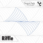 Quilt block design with 'Penguin Feats' and 'Riffle' text, featuring a whale tail pattern.