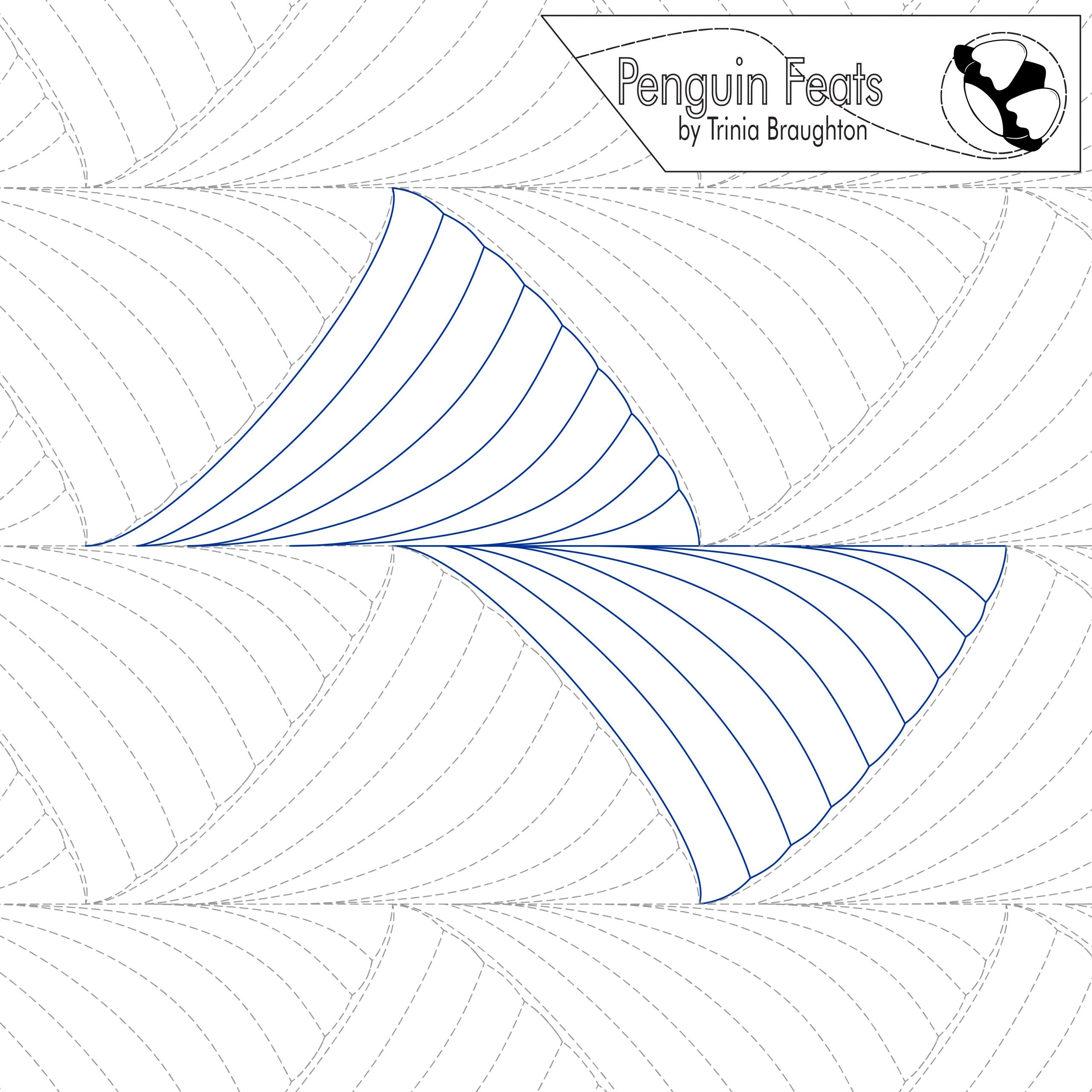 Continuous line design with blue lines on a white background, featuring the 'Penguin Feats' by Trinia Braughton logo.