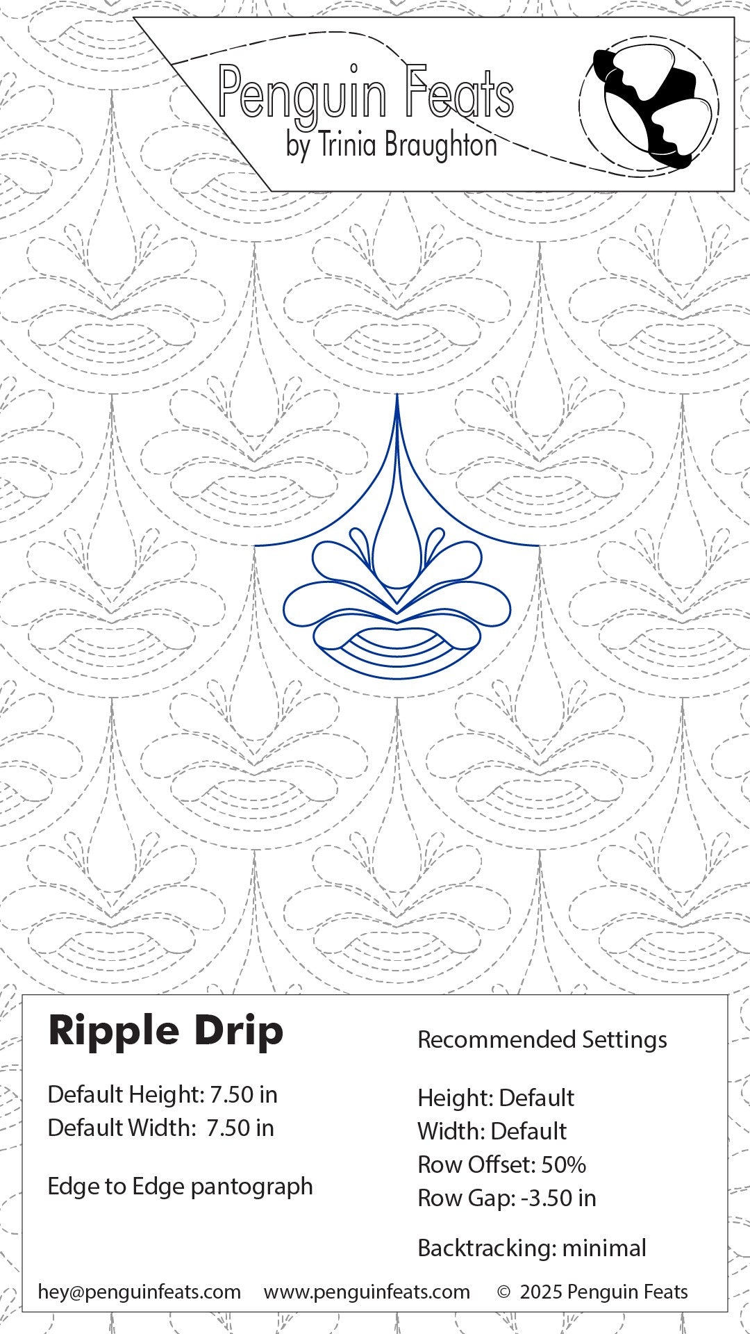 Penguin Feats by Trinia Braughton pattern with 'Ripple Drip' design and settings on a white background