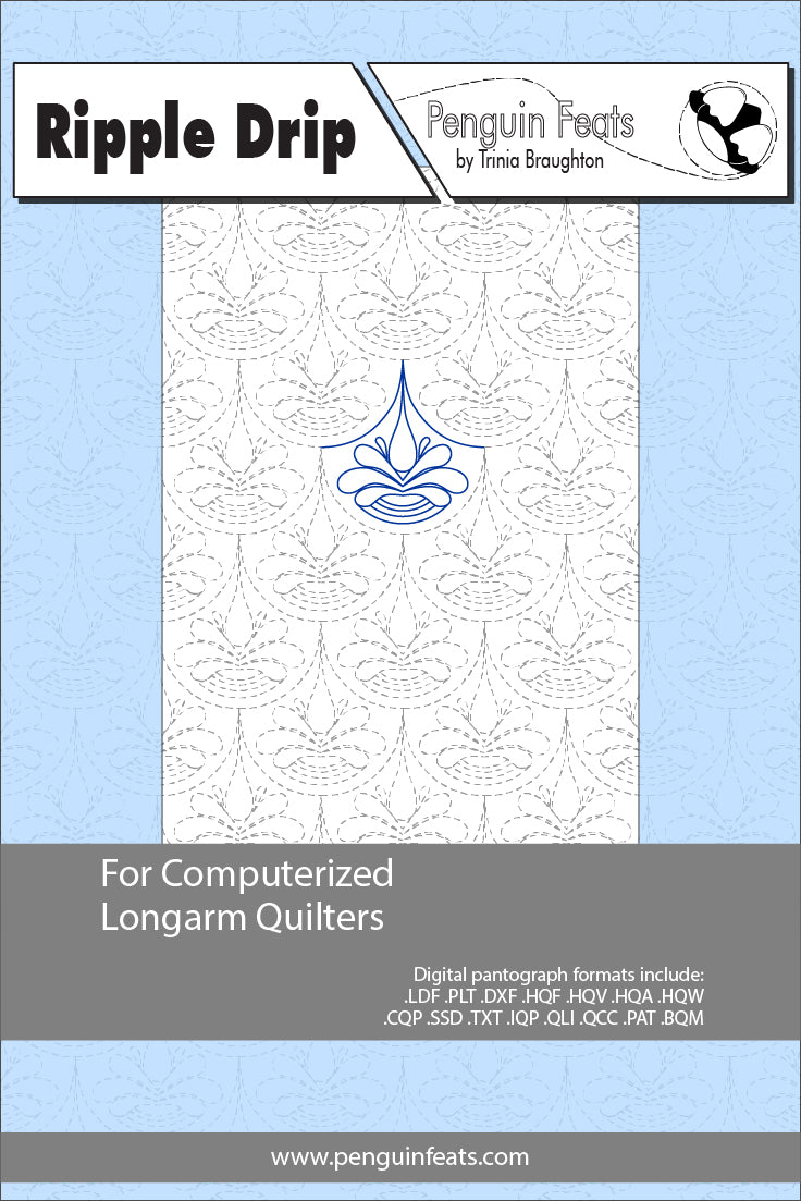 Pattern sheet for 'Ripple Drip' by Penguin Feats with a blue and white design.