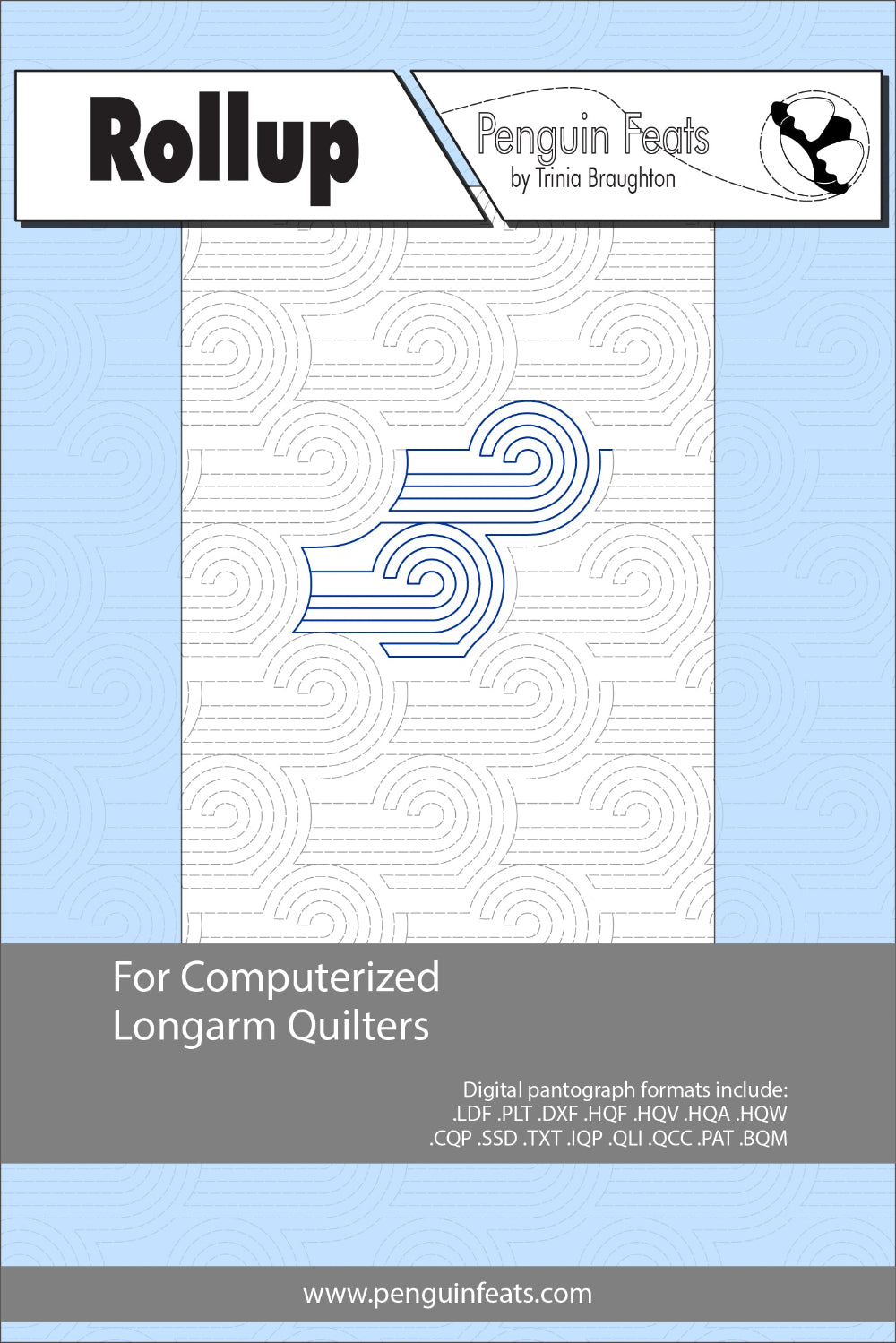 Pattern information sheet for computerized longarm quilters with a blue and gray design on a light blue background.