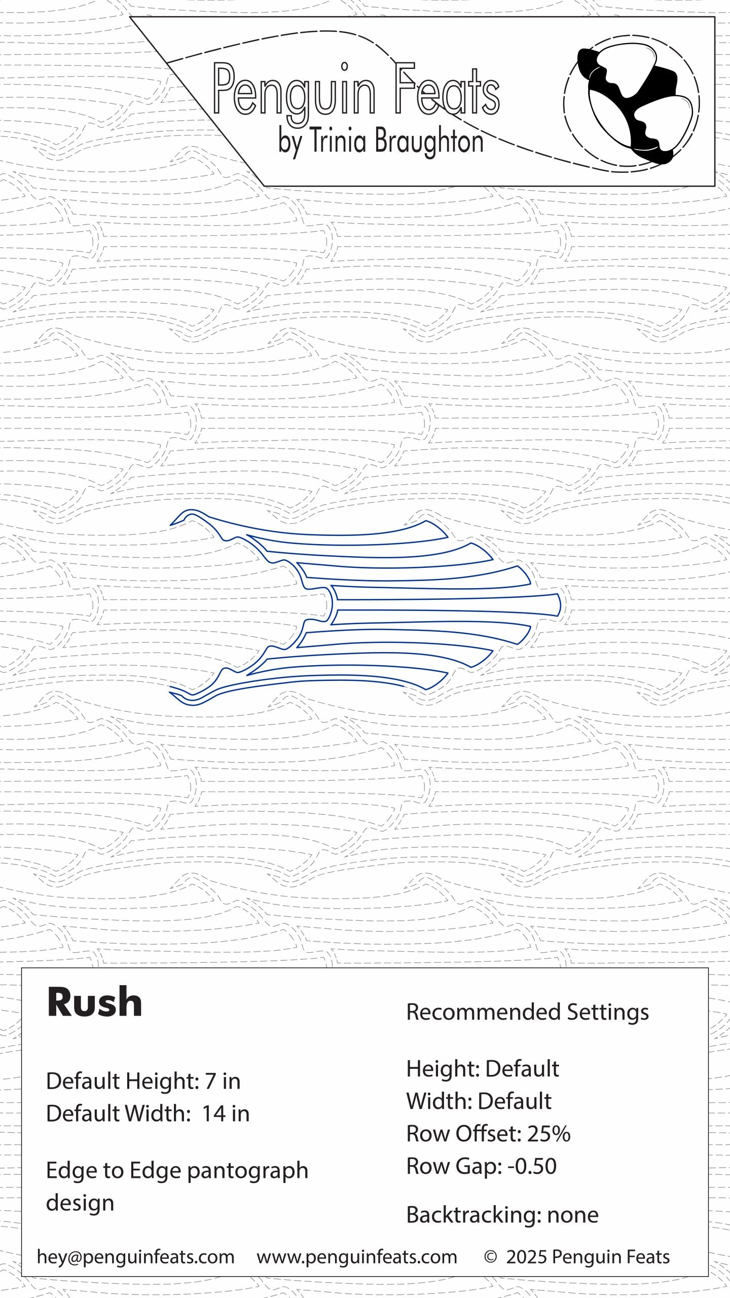 Design sheet for Rush, a flowing movement of lines with settings and Penguin Feats branding