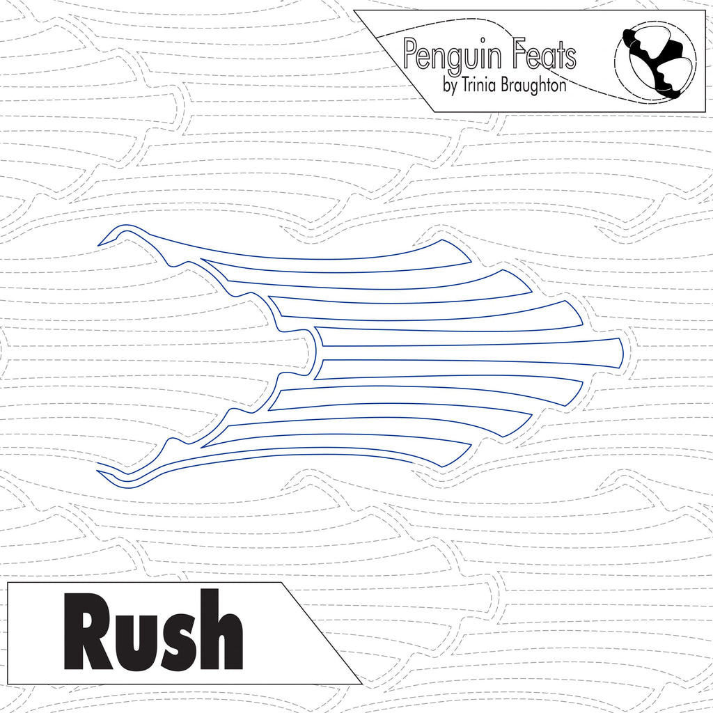 Outline illustration of waves with 'Penguin Feats branding and 'Rush' text on a textured background.