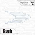 Outline illustration of waves with 'Penguin Feats branding and 'Rush' text on a textured background.