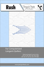 Penguin Feats pattern sheetk for computerized longarm quilters with a blue and gray design on a white background.