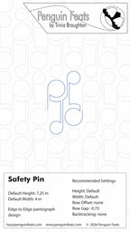 Design template for a safety pin with Penguin Feats by Trinia Braughton branding at the top.