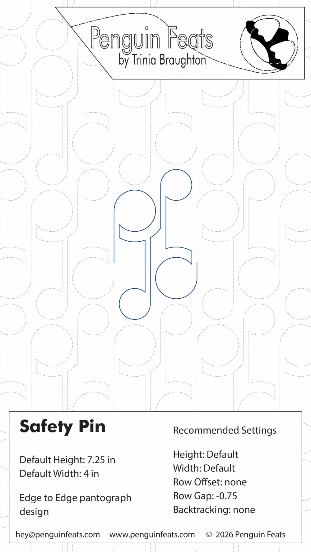Design template for a safety pin with Penguin Feats by Trinia Braughton branding at the top.