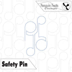 Outline of a safety pin on a patterned background with 'Penguin Feats' branding.