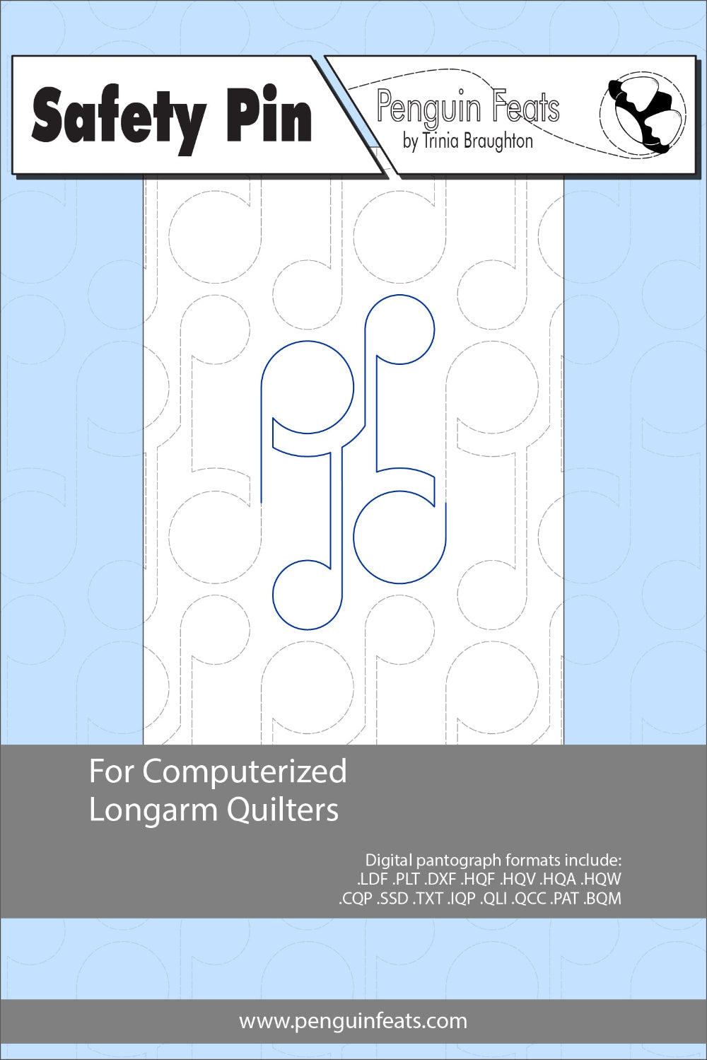 design info for computerized longarm quilt pattern with safety pin design on a light blue background
