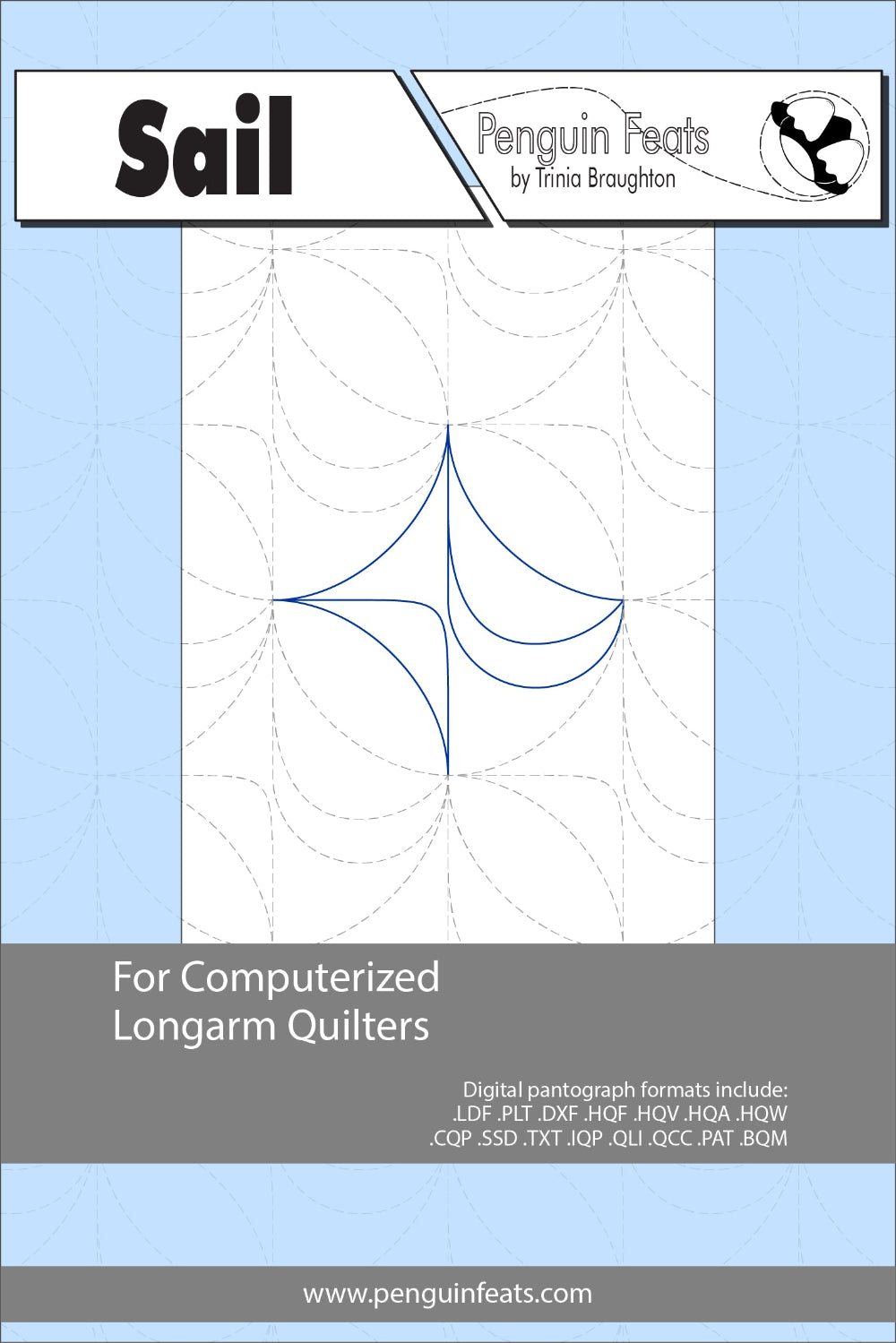 design info for computerized longarm quilters with a blue and gray design on a light blue background.