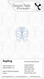 Design card for 'Sapling' pattern by Trinia Braughton with decorative elements and branding information.