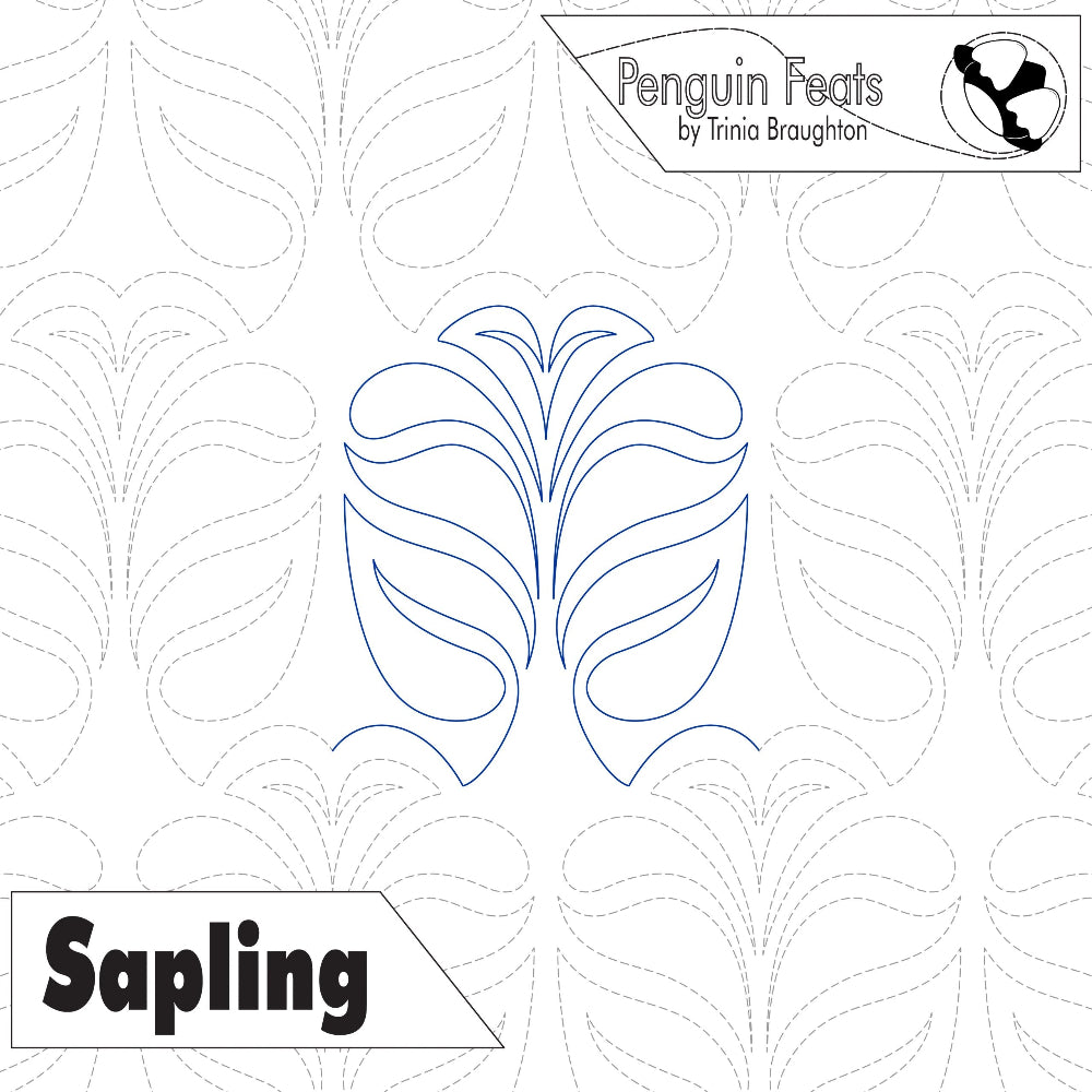 Design of a leaf pattern with 'Penguin Feats' branding and 'Sapling' text on a white background.