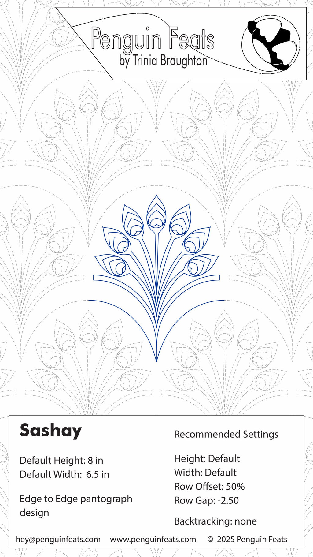Design card for 'Sashay' pattern by Trinia Braughton with floral feather like outline and branding details.