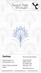 Design card for 'Sashay' pattern by Trinia Braughton with floral feather like outline and branding details.