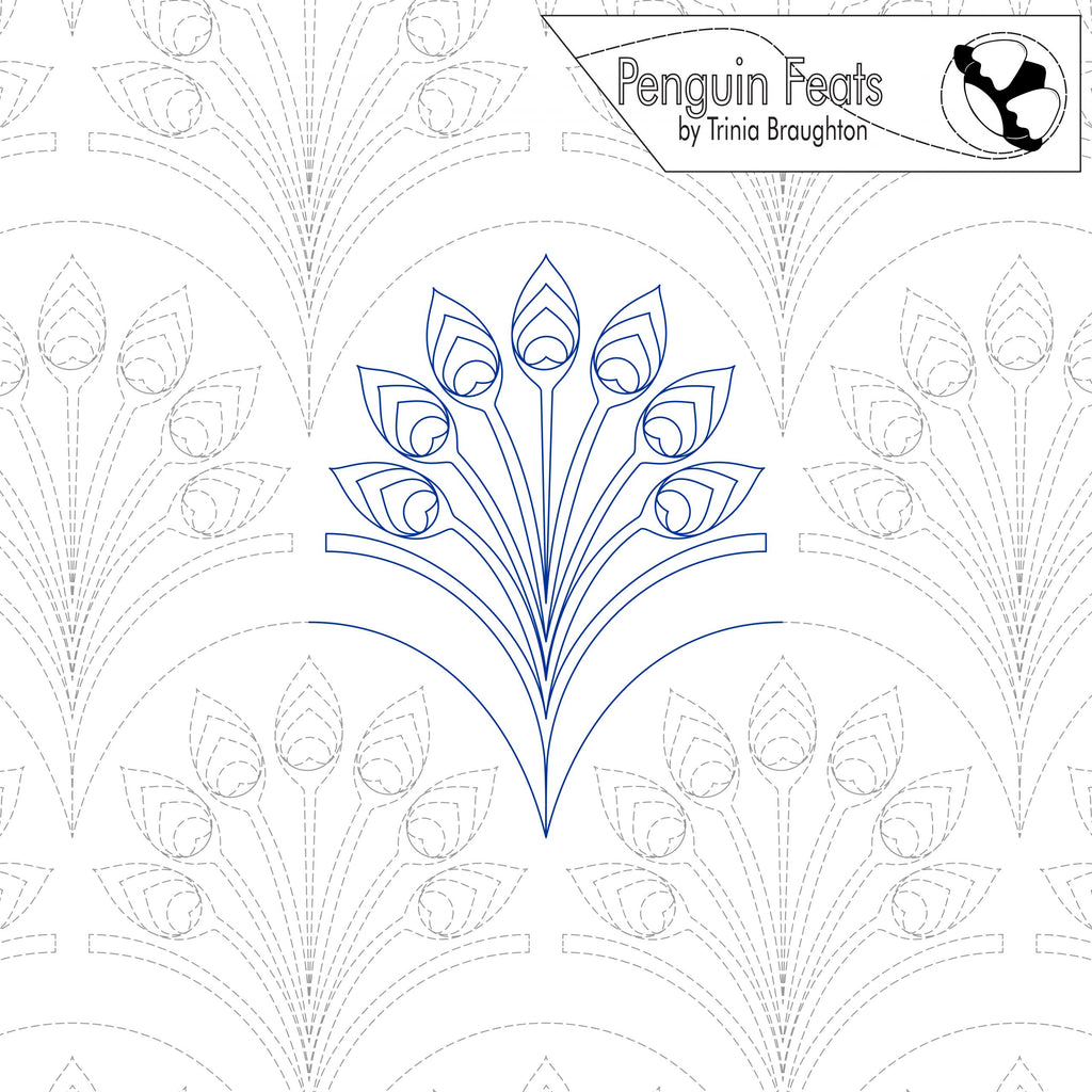 Design with peacock feather pattern and 'Penguin Feats' branding on a white background
