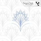 Design with peacock feather pattern and 'Penguin Feats' branding on a white background