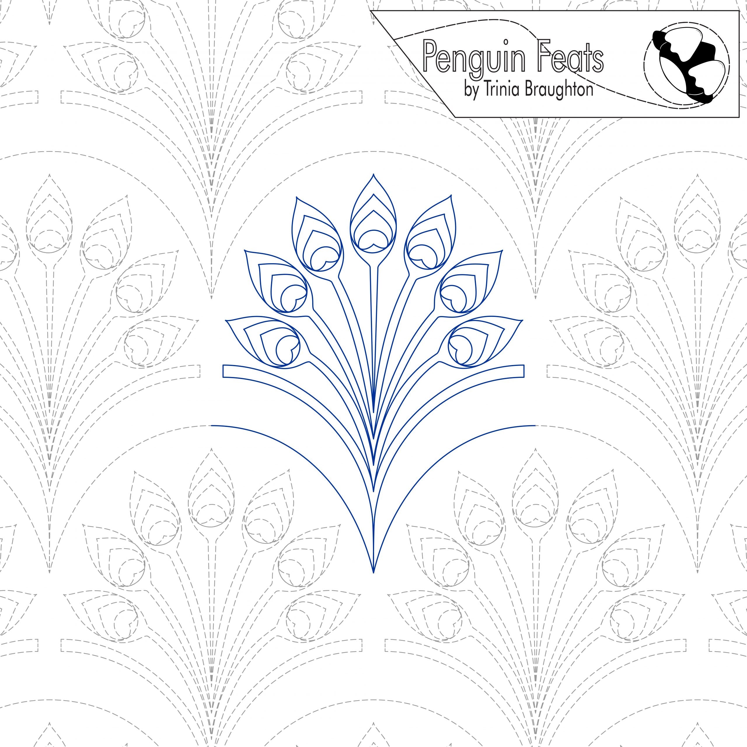 Design with peacock feather pattern and 'Penguin Feats' branding on a white background