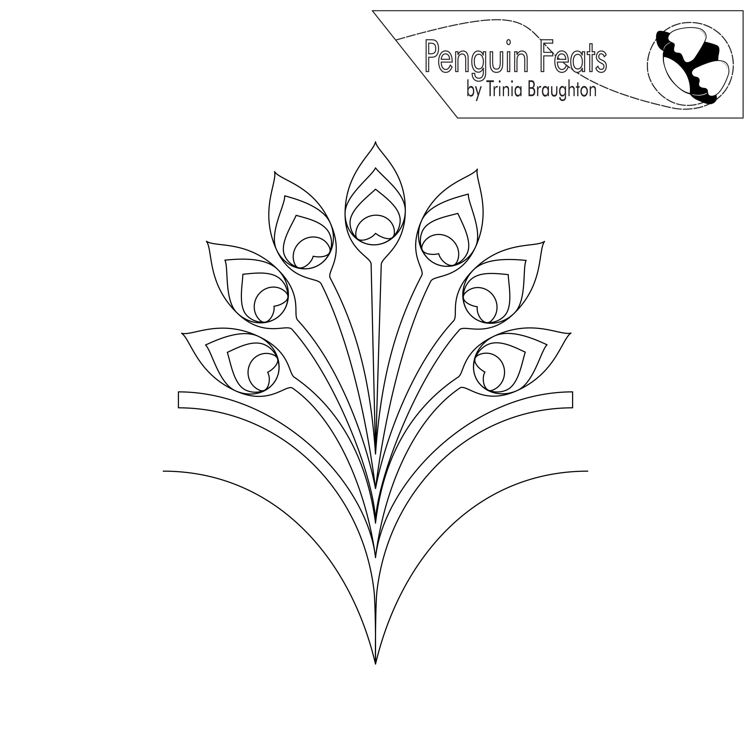 Black and white line drawing of a peacock flourish design with 'Penguin Feats' branding at the top.