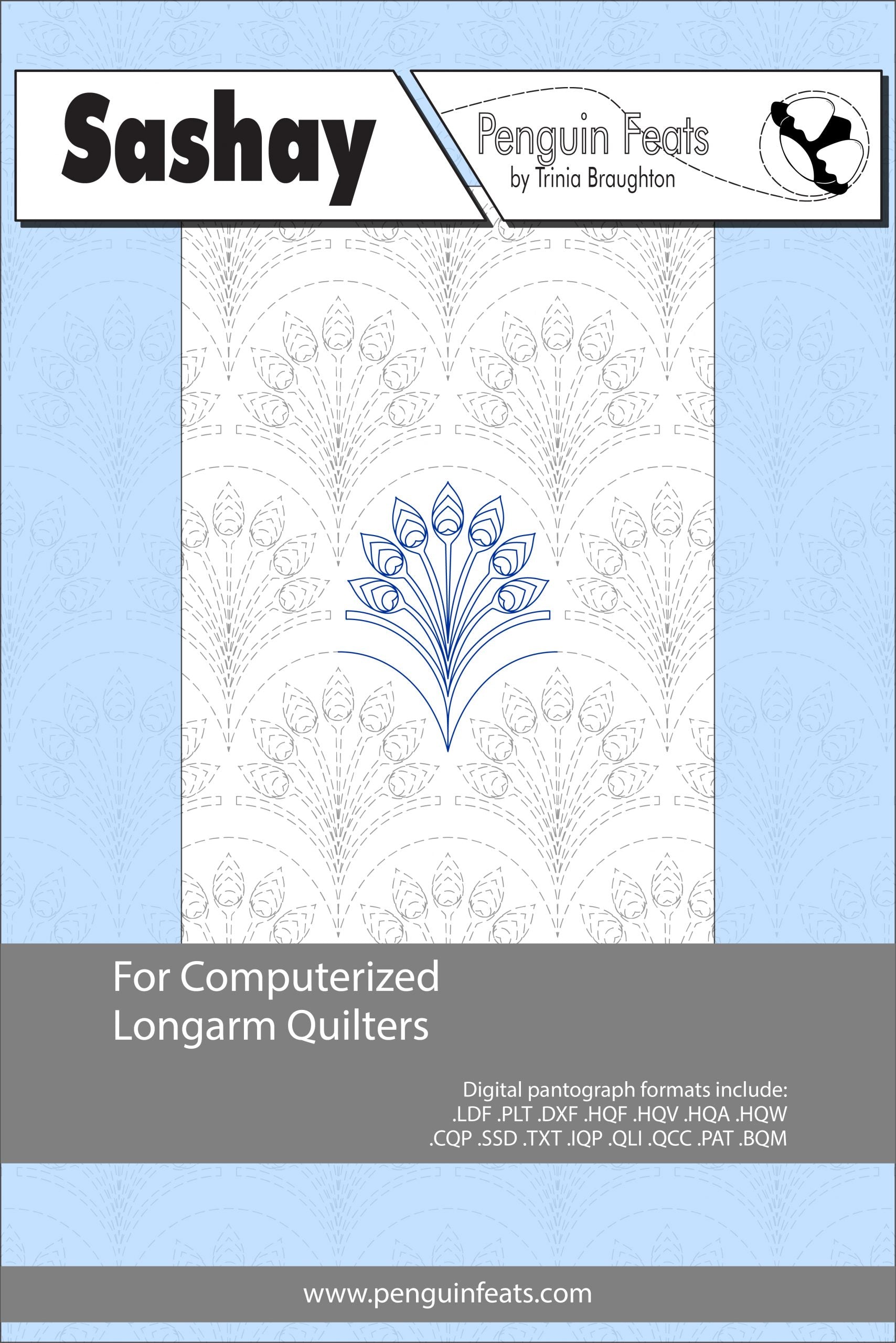 Sashay pattern for computerized longarm quilters with a blue floral design on a light gray background.