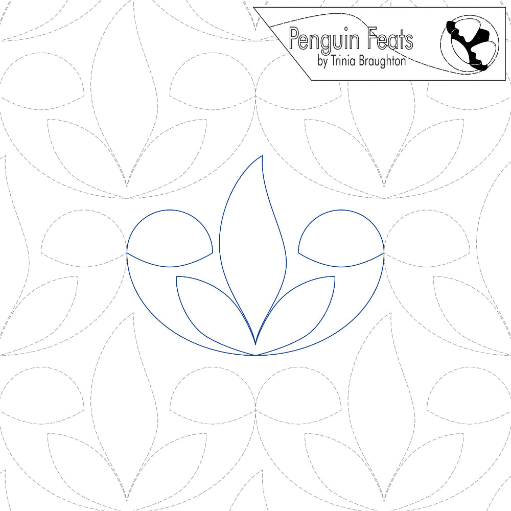 Continuous blue line pattern of leafy seedling with 'Penguin Feats' branding 