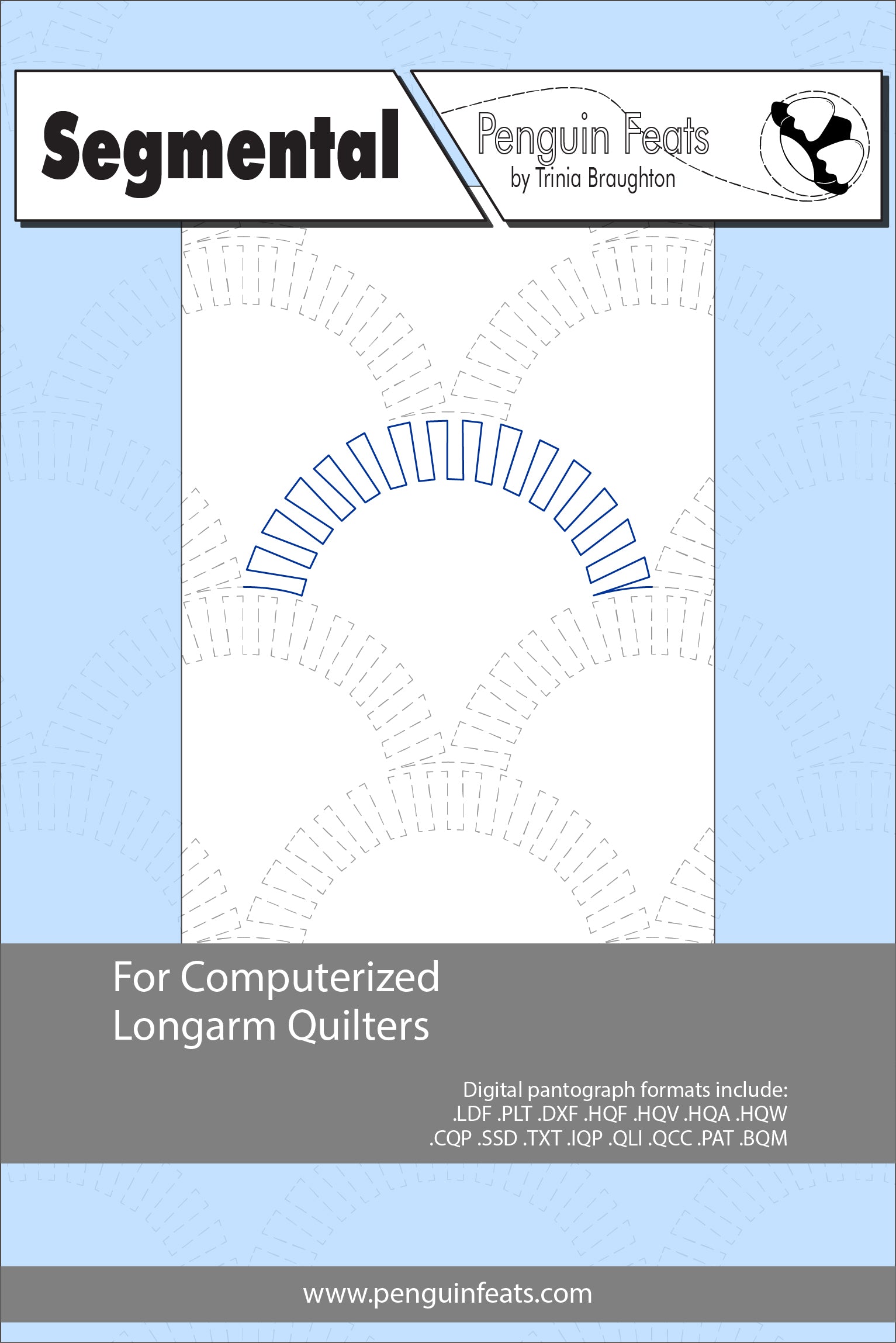 Penguin Feats Segmental pattern for computerized longarm quilters on a blue background