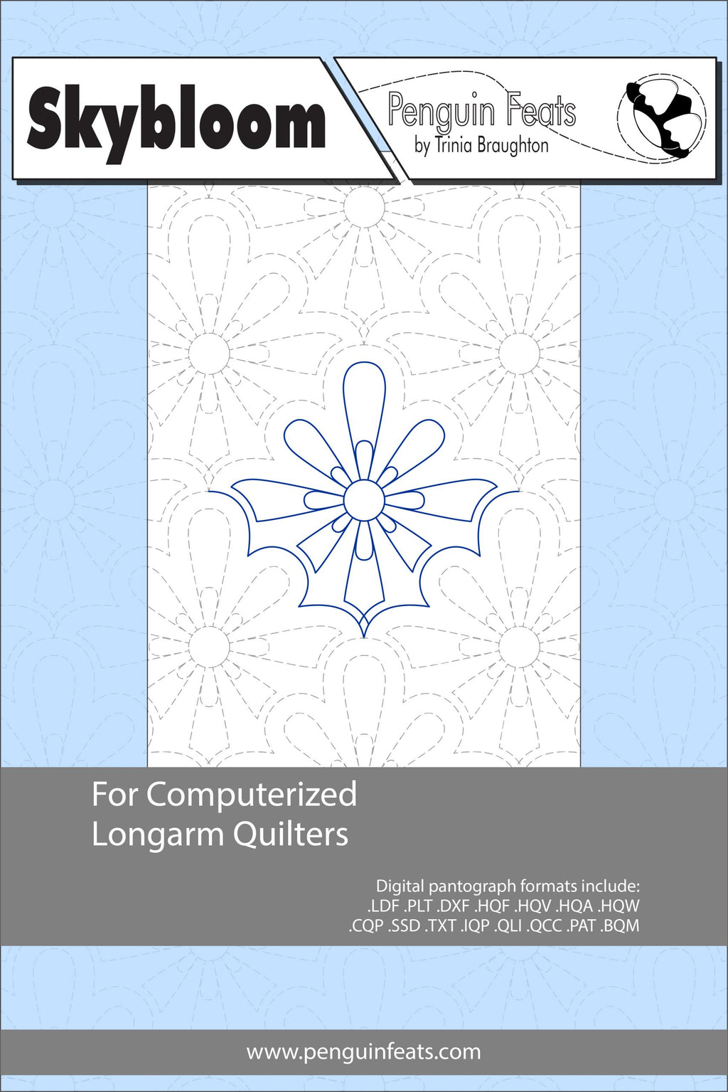 Quilting design sheet for computerized longarm quilters with a blue and gray cover.