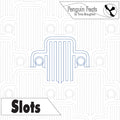 Design template for 'Slots' with geometric patterns and 'Penguin Feats' branding.