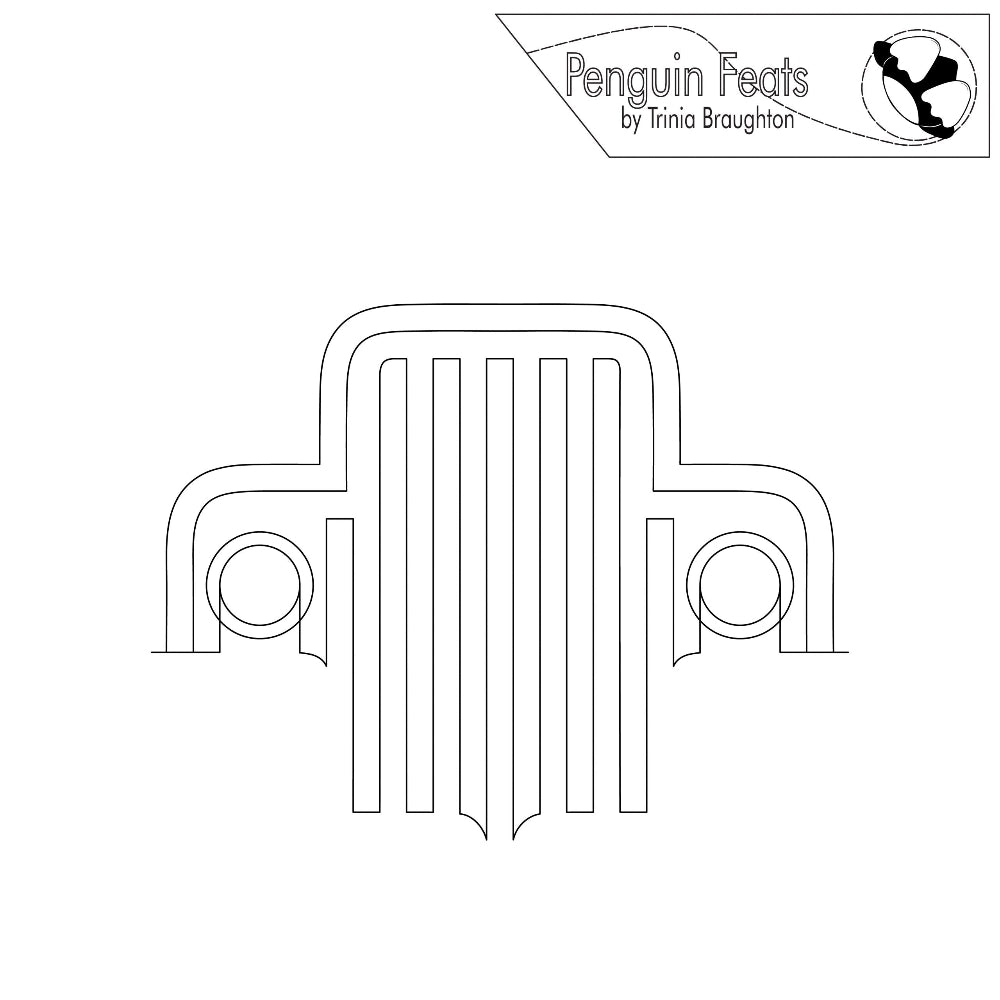 Outline of a vehicle grille with 'Penguin Feats' logo at the top