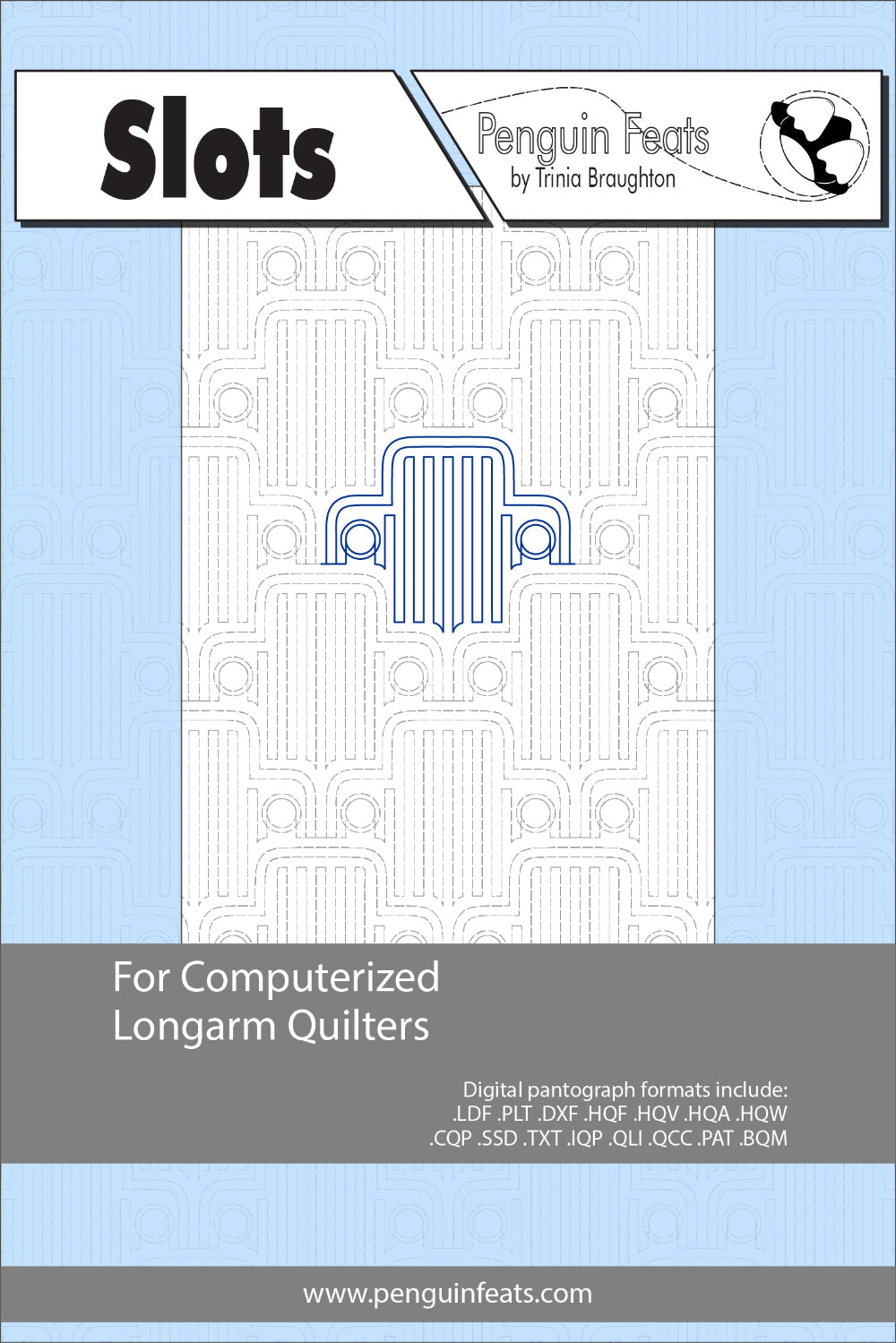 Pattern sheet for 'Slots' by Trinia Braughton with a blue and gray design on a light blue background.