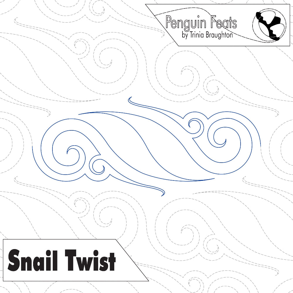 Continuous line design of a snail twist pattern with 'Penguin Feats' branding on a white background.