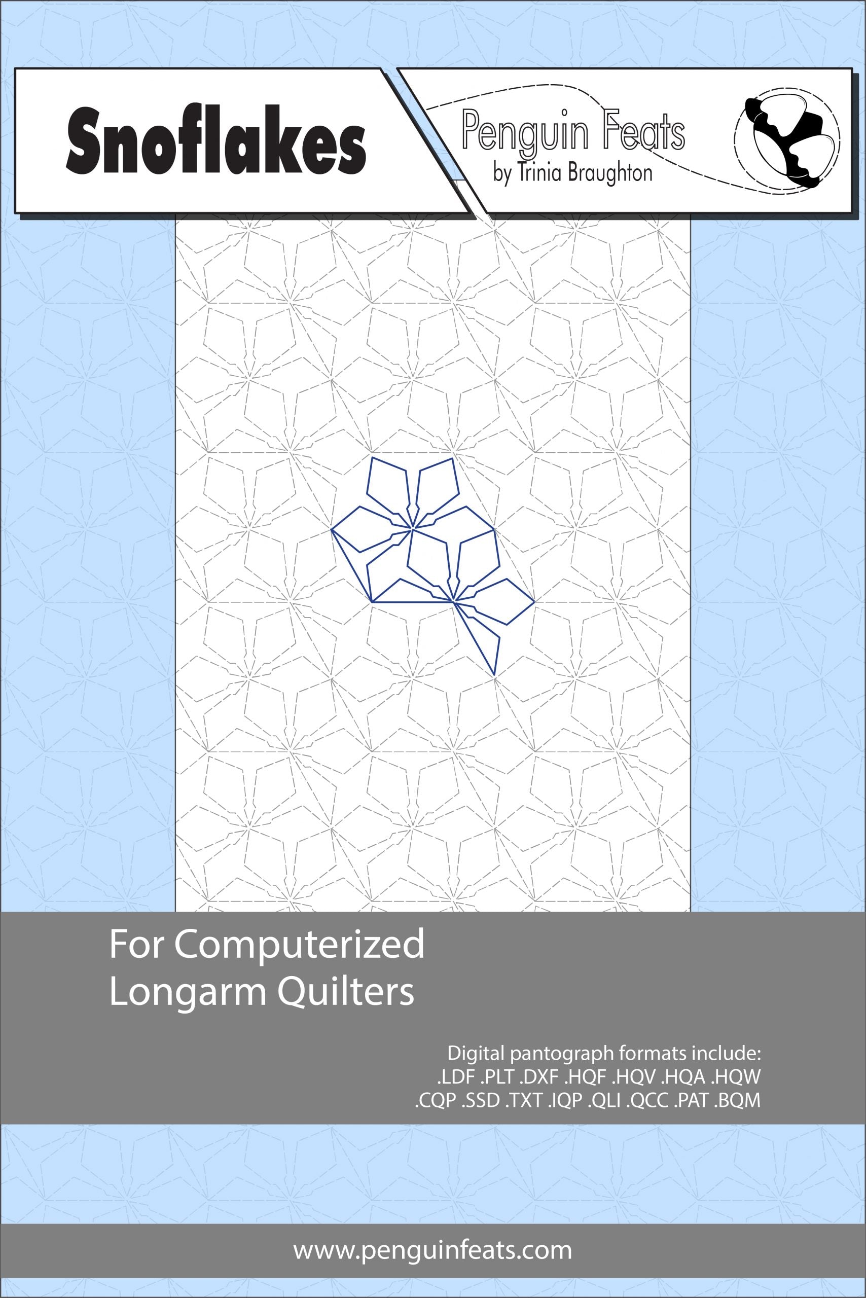 Design for computerized longarm quilters with a blue snowflake pattern on a light blue background.