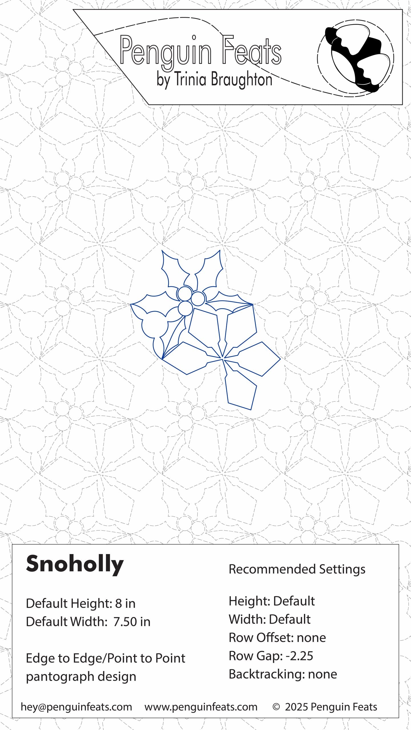 Penguin Feats by Trinia Braughton settings page with snowflake design on a white background.