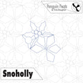 Outline of a snowflake with 'Penguin Feats' and 'Snoholly' text on a geometric patterned background.