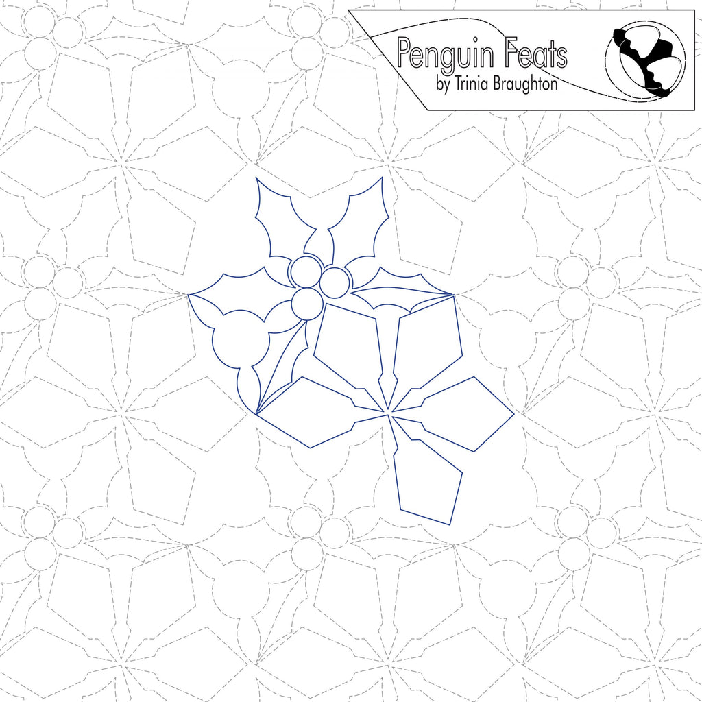 Geometric design snow flakes and holly leaves with berries with 'Penguin Feats' logo at the top