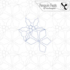 Geometric design snow flakes and holly leaves with berries with 'Penguin Feats' logo at the top