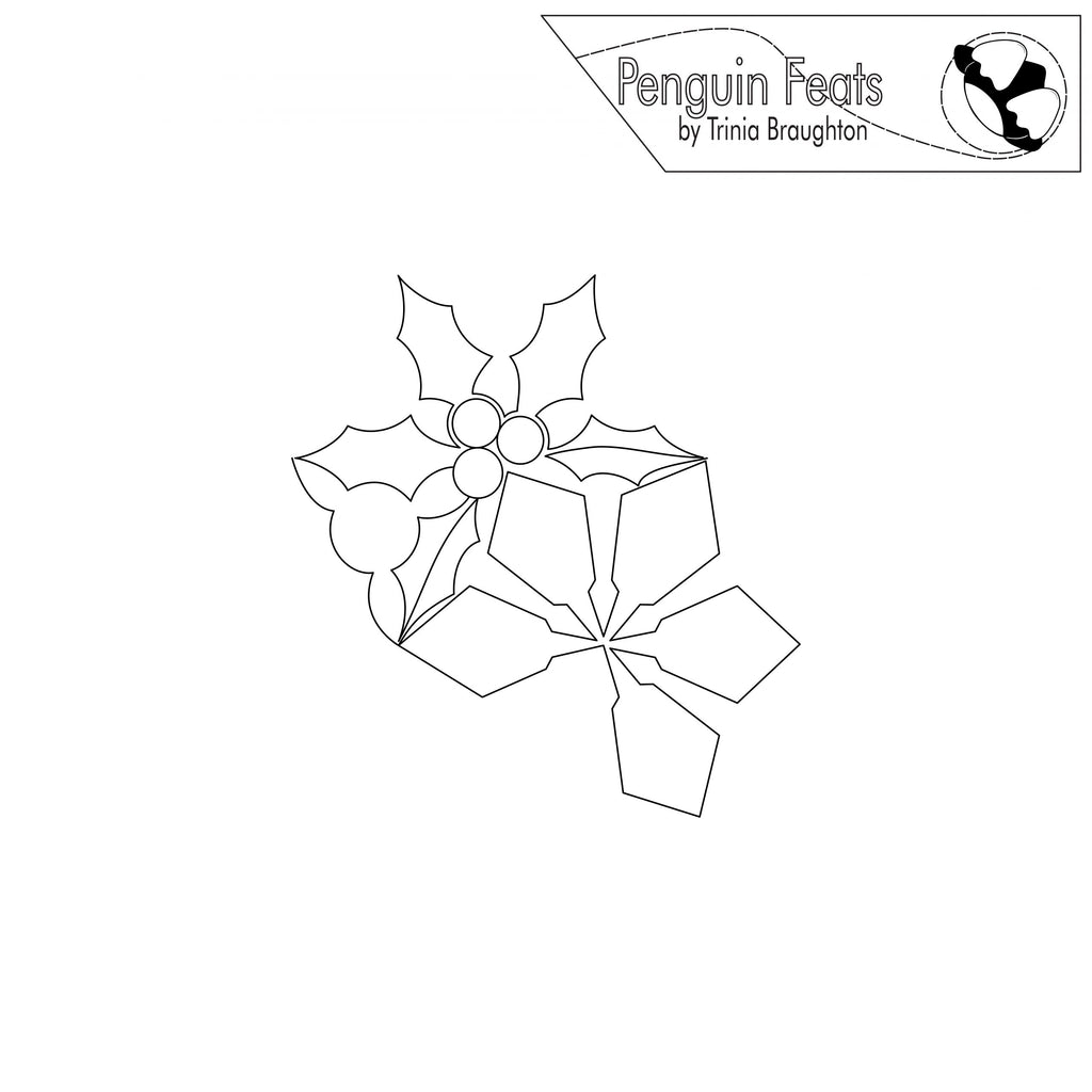 Black and white outline of a holly leaves and snow flakes design with 'Penguin Feats' branding.