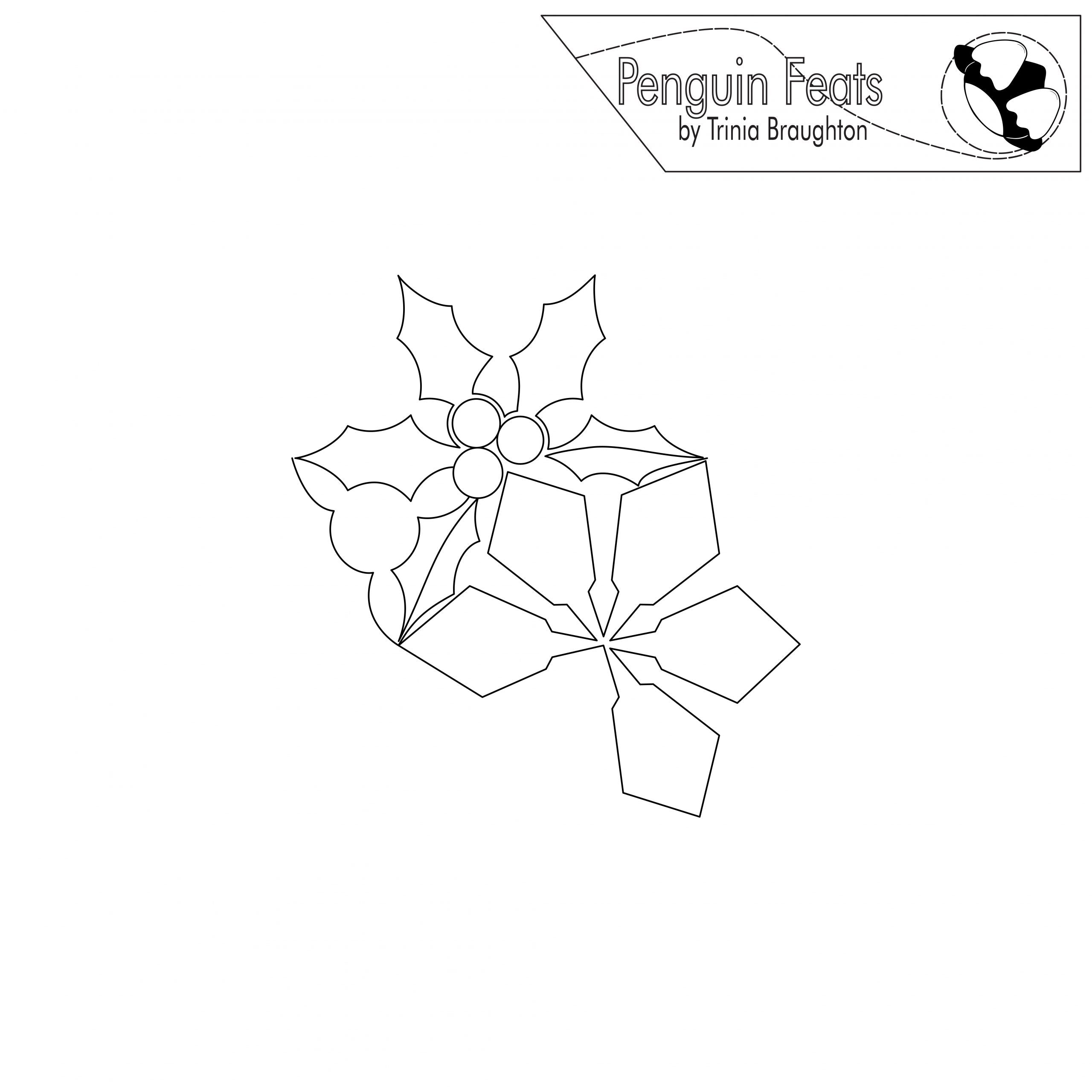 Black and white outline of a holly leaves and snow flakes design with 'Penguin Feats' branding.