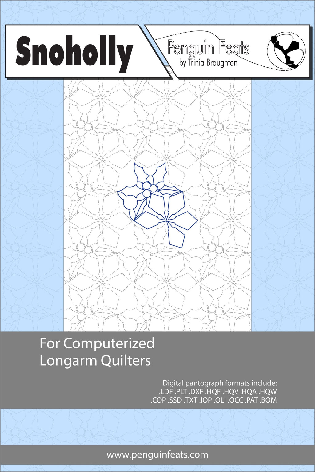 Design sheet for computerized longarm quilters with geometric pattern and brand logo.
